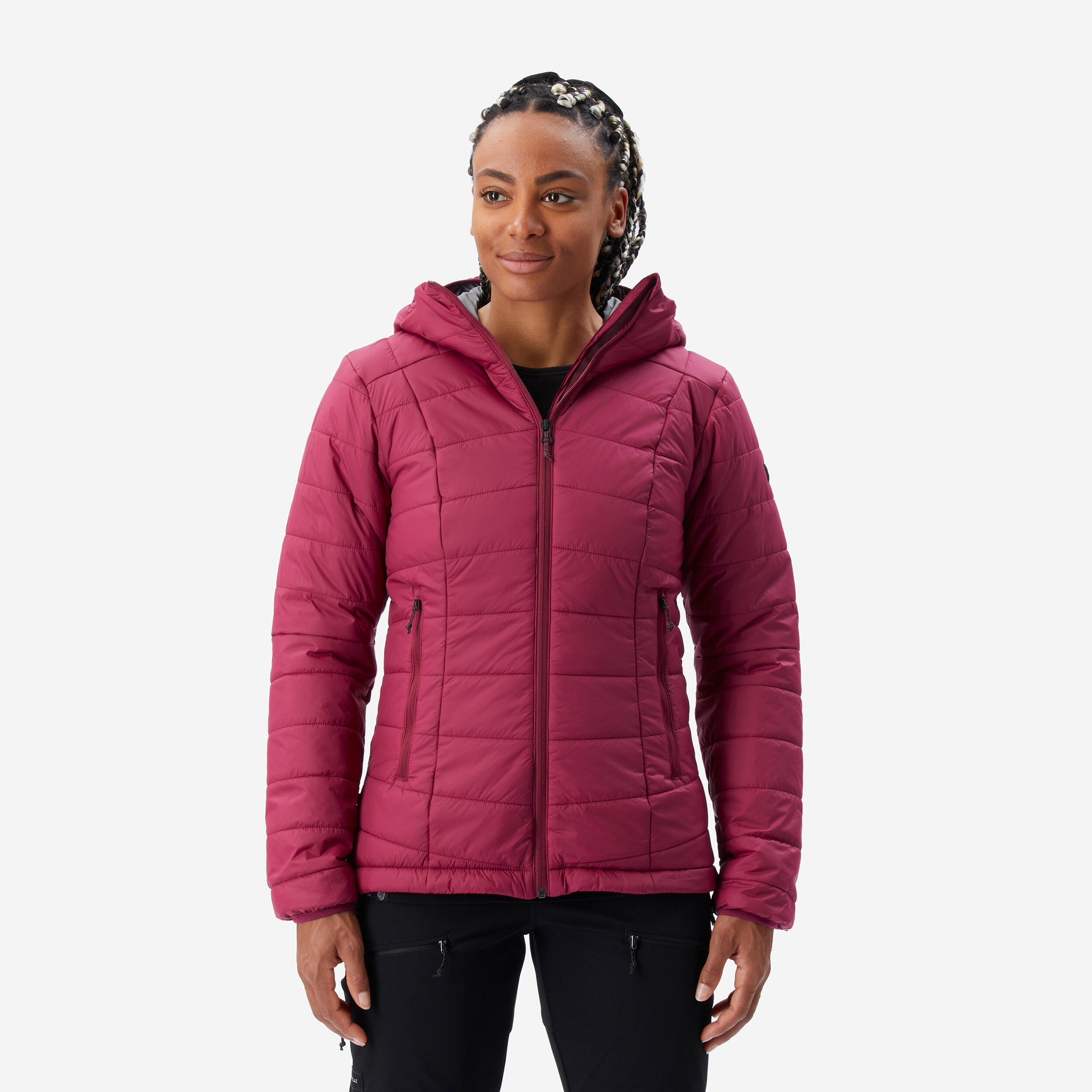 Chaqueta acolchada trekking con capucha sintética mujer, MT100 violeta